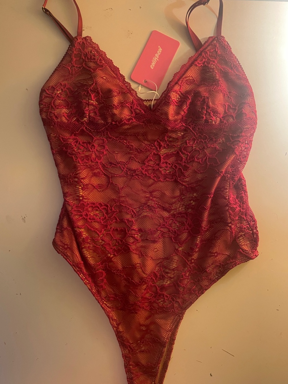 Edikted Red Lace Sheer V-Neck Bodysuit